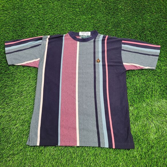 Vintage 90s MOD Stripes Shirt Large 21x27 Blue Red - Picture 1 of 12